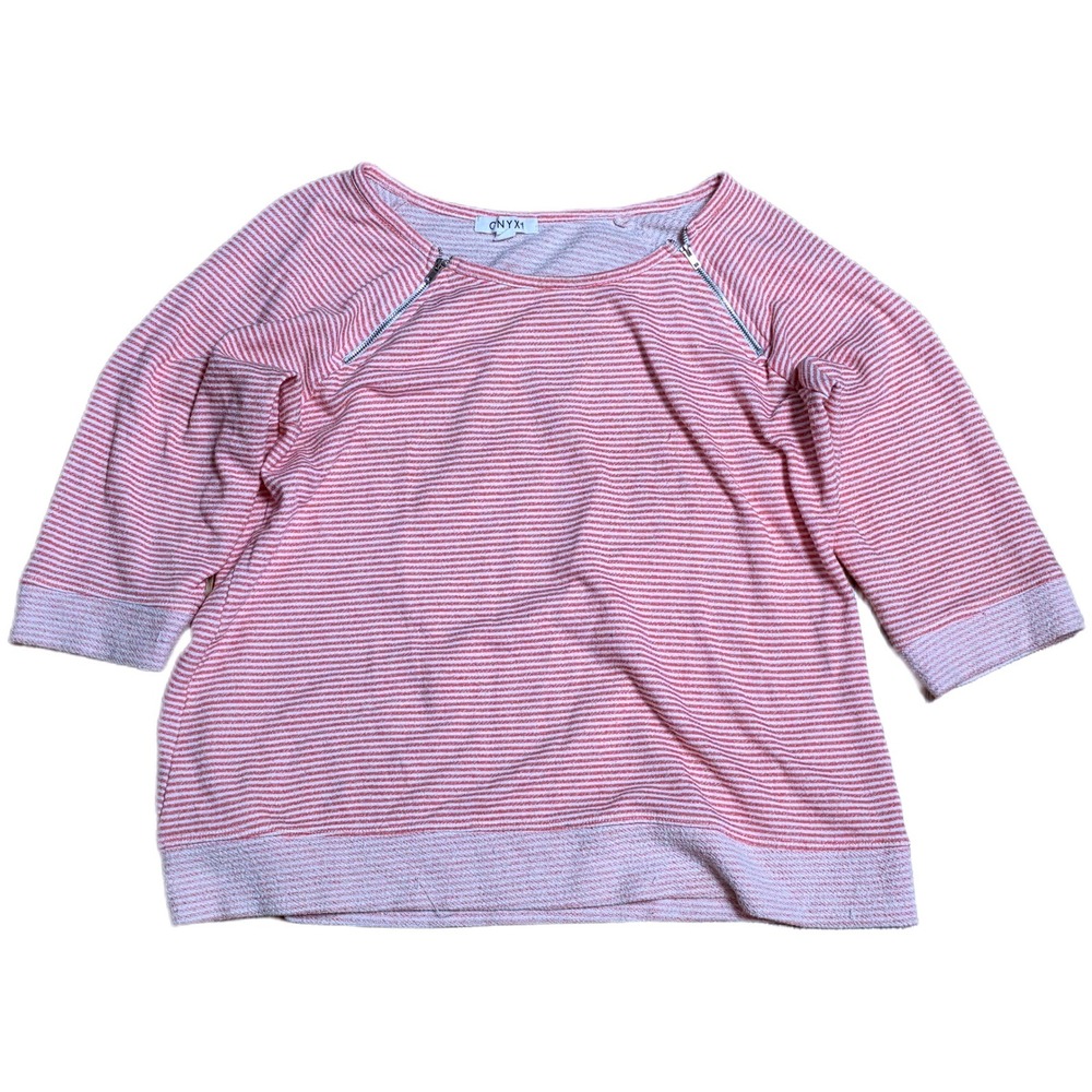ONYX‎ Moda Striped Sweatshirt  Women's Size XL Pink 3/4 Sleeve Zipper Detail